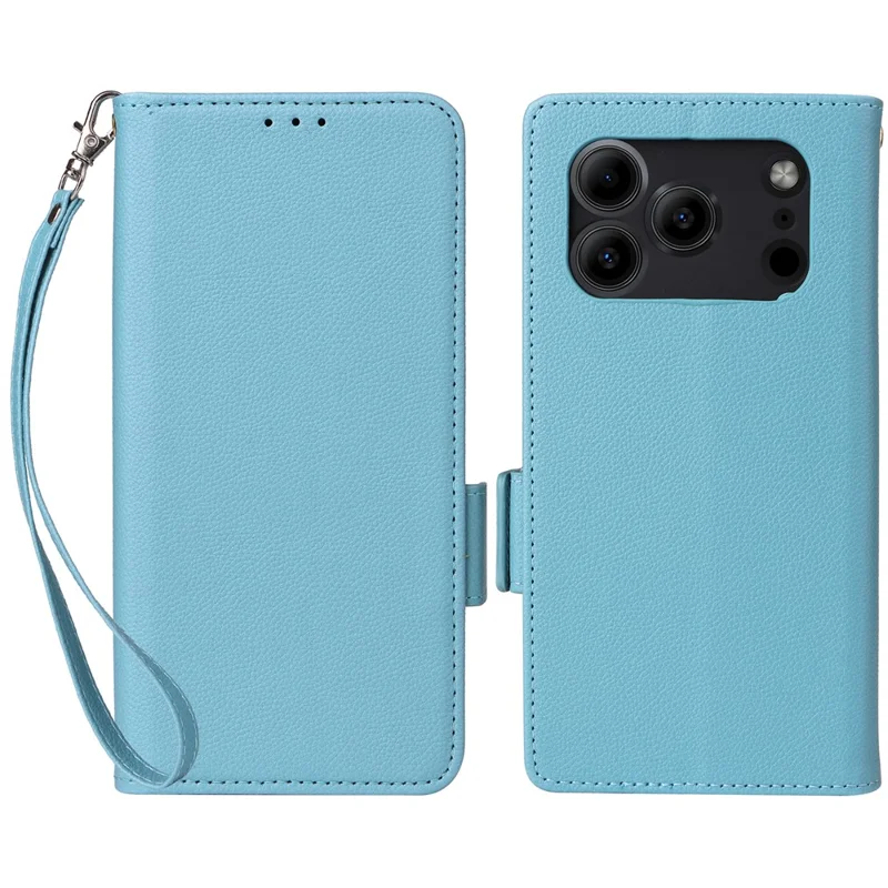 Кожаный чехол для Doogee Note 56 / Note 56 Pro / Note 56 Plus с текстурой личи, чехол-бумажник для телефона с ремешком на запястье - небесно-голубой