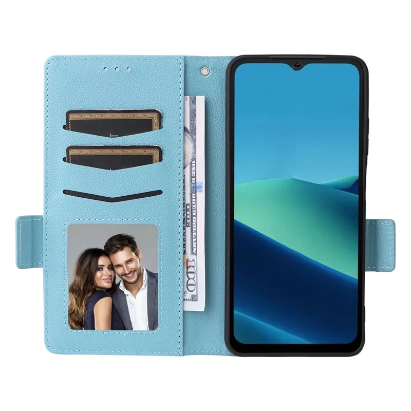 Кожаный чехол для Doogee Note 56 / Note 56 Pro / Note 56 Plus с текстурой личи, чехол-бумажник для телефона с ремешком на запястье - небесно-голубой
