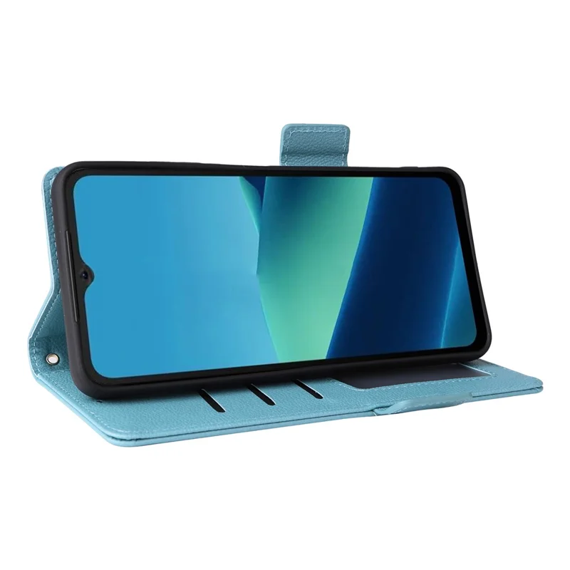 Кожаный чехол для Doogee Note 56 / Note 56 Pro / Note 56 Plus с текстурой личи, чехол-бумажник для телефона с ремешком на запястье - небесно-голубой