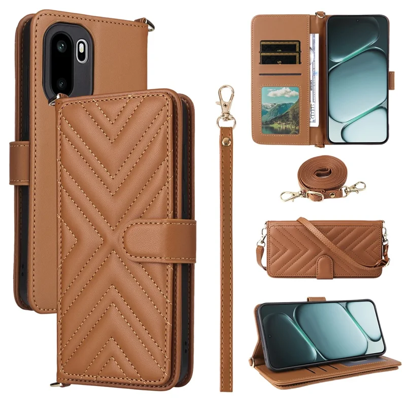 For OnePlus Ace 6 5G / 6T 5G / 15R 5G Leather Case Stand Wallet Phone Cover with Shoulder / Wrist Strap - Brown