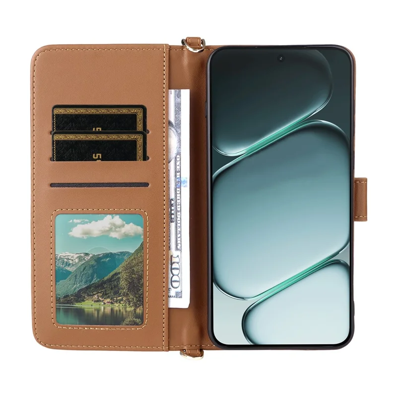 For OnePlus Ace 6 5G / 6T 5G / 15R 5G Leather Case Stand Wallet Phone Cover with Shoulder / Wrist Strap - Brown