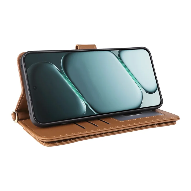 For OnePlus Ace 6 5G / 6T 5G / 15R 5G Leather Case Stand Wallet Phone Cover with Shoulder / Wrist Strap - Brown