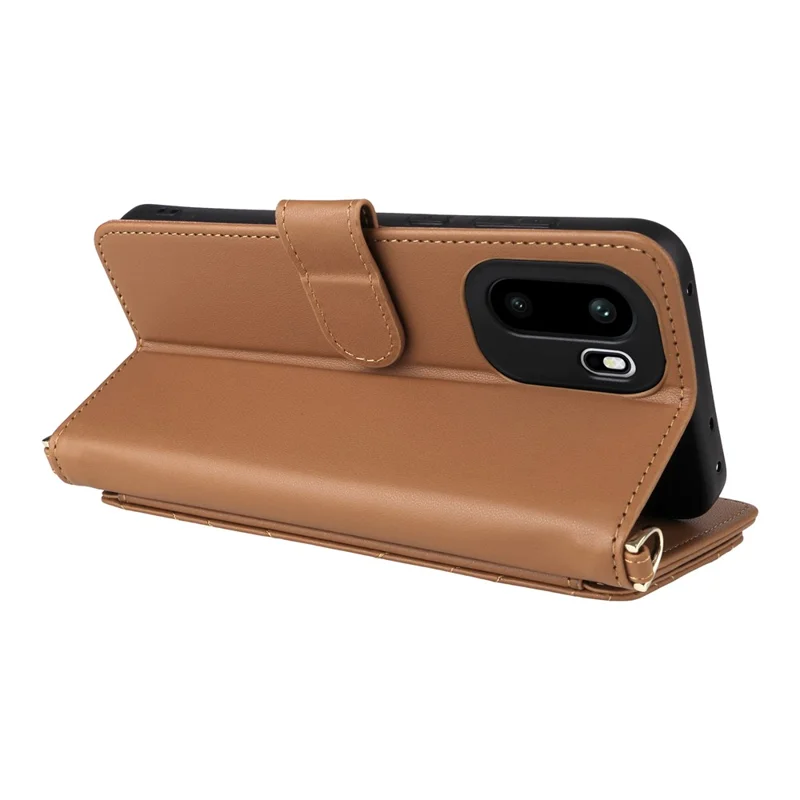For OnePlus Ace 6 5G / 6T 5G / 15R 5G Leather Case Stand Wallet Phone Cover with Shoulder / Wrist Strap - Brown