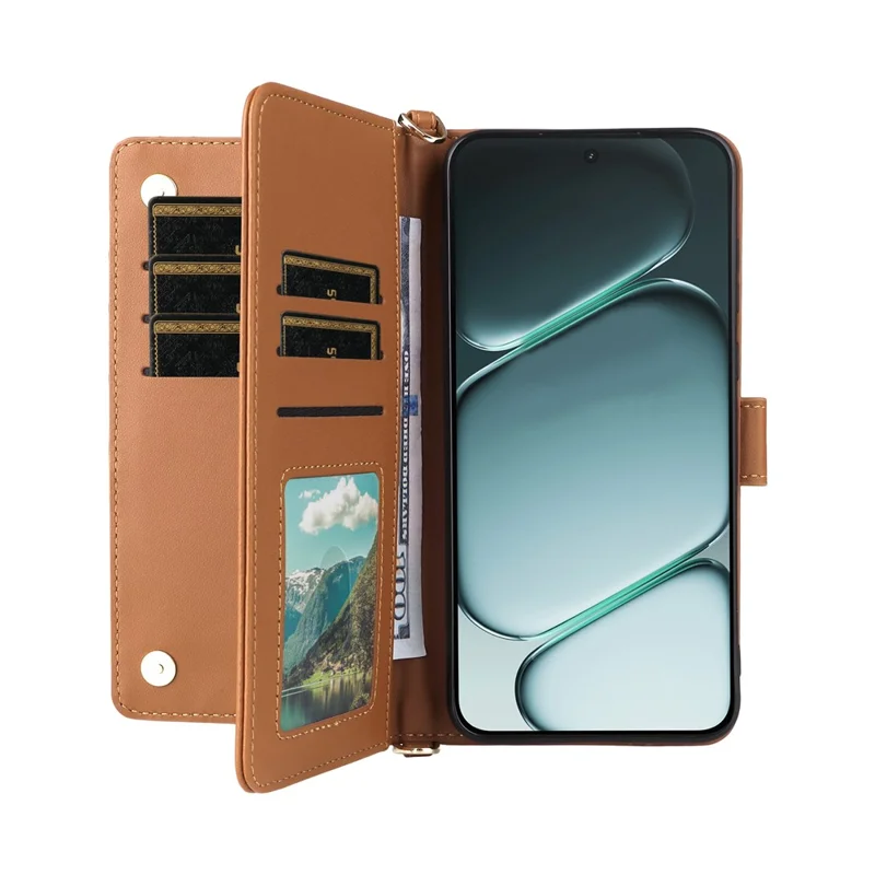 For OnePlus Ace 6 5G / 6T 5G / 15R 5G Leather Case Stand Wallet Phone Cover with Shoulder / Wrist Strap - Brown