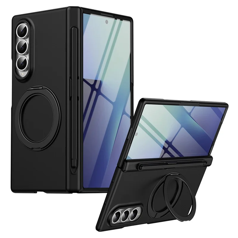 For Samsung Galaxy Z Fold4 5G Rotary Kickstand PC Phone Cover with Tempered Glass Film / Stylus - Black