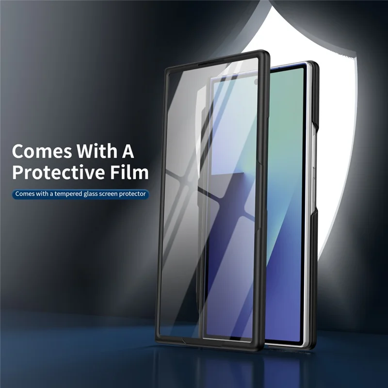 For Samsung Galaxy Z Fold3 5G Rotary Kickstand PC Phone Cover with Tempered Glass Film / Stylus - Black