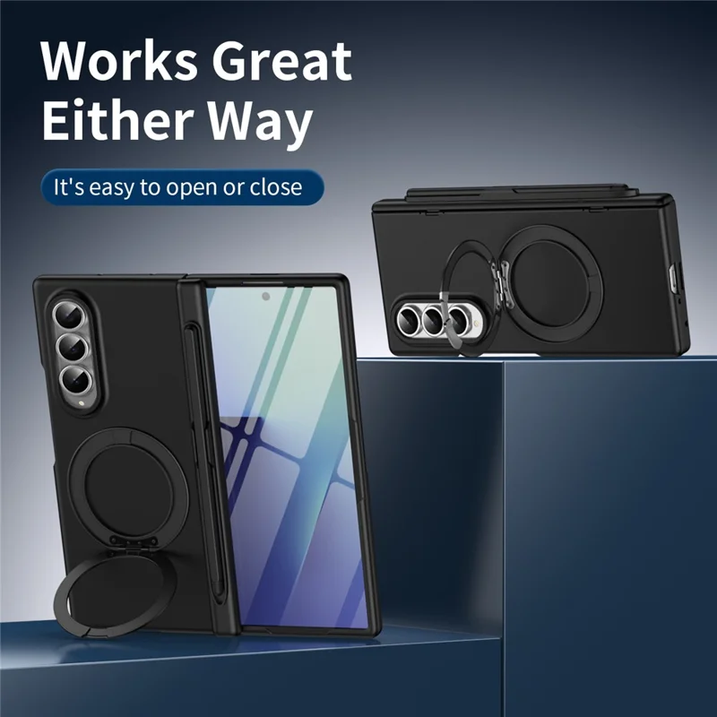 For Samsung Galaxy Z Fold3 5G Rotary Kickstand PC Phone Cover with Tempered Glass Film / Stylus - Black