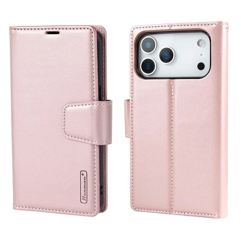 HANMAN Miro2 Série Pour iPhone 17 Pro Étui de Téléphone Magnétique Détachable Anti-chute Portefeuille en Cuir Support - Or Rose