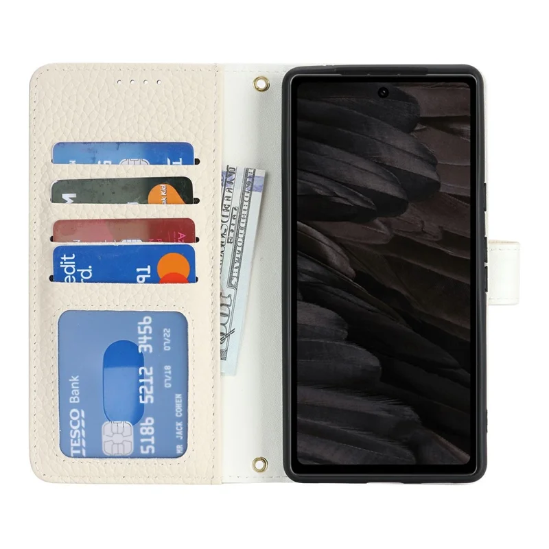 For Google Pixel 7a Stand Case Litchi Texture Genuine Cow Leather Wallet Phone Cover RFID Blocking - White