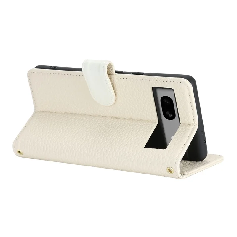 For Google Pixel 7a Stand Case Litchi Texture Genuine Cow Leather Wallet Phone Cover RFID Blocking - White