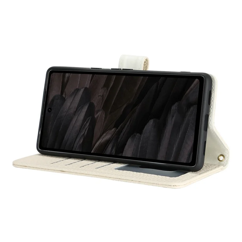 For Google Pixel 7a Stand Case Litchi Texture Genuine Cow Leather Wallet Phone Cover RFID Blocking - White