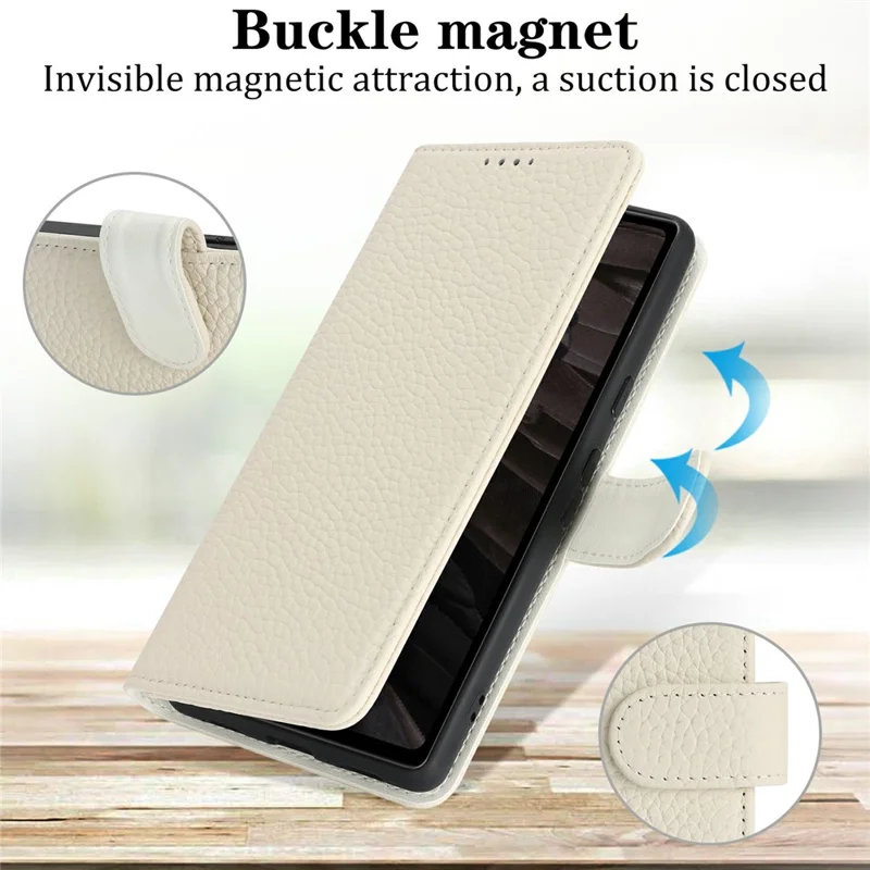 For Google Pixel 7a Stand Case Litchi Texture Genuine Cow Leather Wallet Phone Cover RFID Blocking - White
