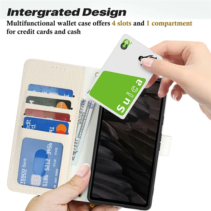 For Google Pixel 7a Stand Case Litchi Texture Genuine Cow Leather Wallet Phone Cover RFID Blocking - White