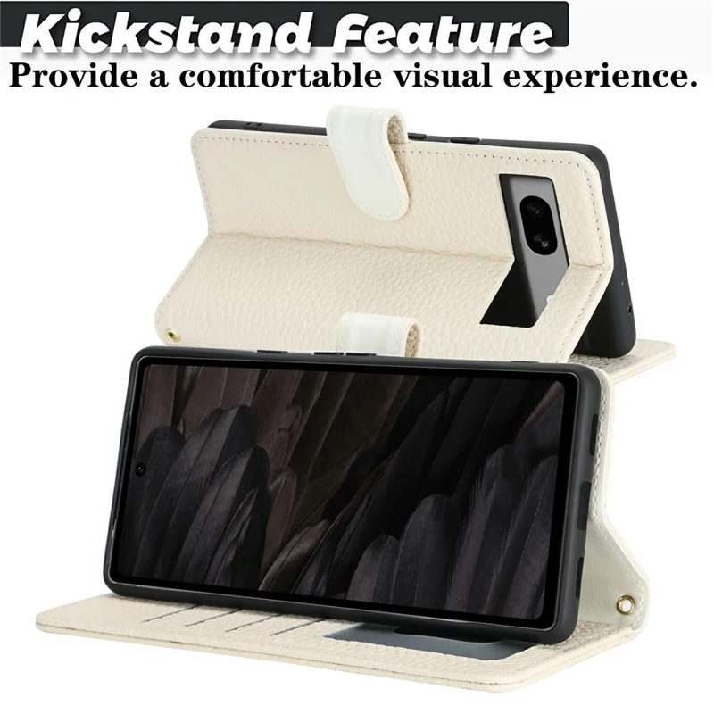 For Google Pixel 7a Stand Case Litchi Texture Genuine Cow Leather Wallet Phone Cover RFID Blocking - White
