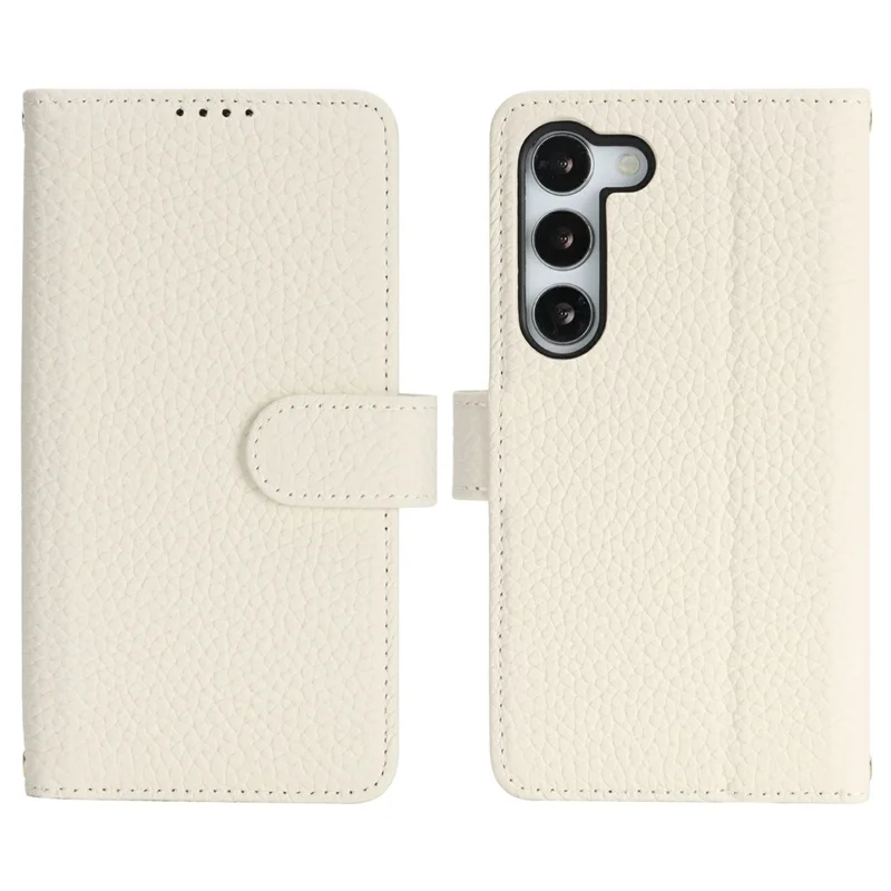 Capa de Suporte para Samsung Galaxy S23 - Textura de Litchi, Couro Genuíno de Vaca, Capa de Carteira com Bloqueio RFID - Branco