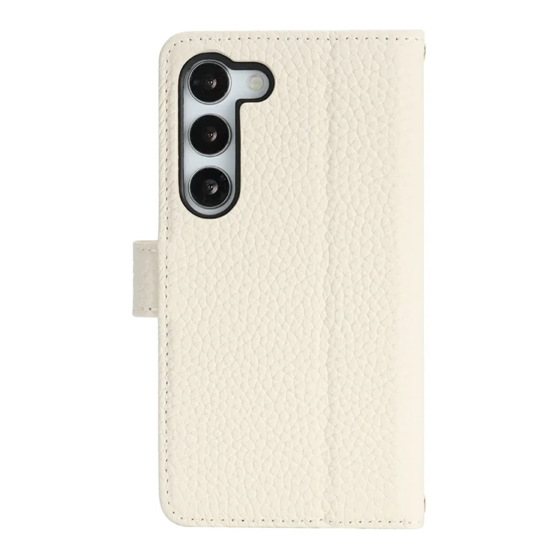 Capa de Suporte para Samsung Galaxy S23 - Textura de Litchi, Couro Genuíno de Vaca, Capa de Carteira com Bloqueio RFID - Branco