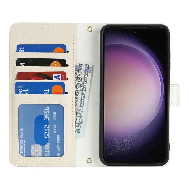 Capa de Suporte para Samsung Galaxy S23 - Textura de Litchi, Couro Genuíno de Vaca, Capa de Carteira com Bloqueio RFID - Branco