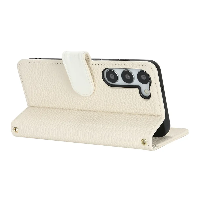 Capa de Suporte para Samsung Galaxy S23 - Textura de Litchi, Couro Genuíno de Vaca, Capa de Carteira com Bloqueio RFID - Branco