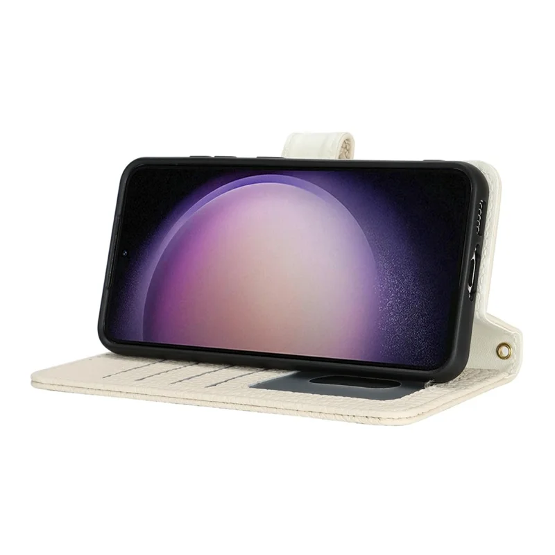 Capa de Suporte para Samsung Galaxy S23 - Textura de Litchi, Couro Genuíno de Vaca, Capa de Carteira com Bloqueio RFID - Branco