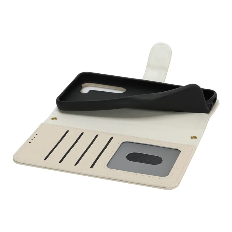 Capa de Suporte para Samsung Galaxy S23 - Textura de Litchi, Couro Genuíno de Vaca, Capa de Carteira com Bloqueio RFID - Branco