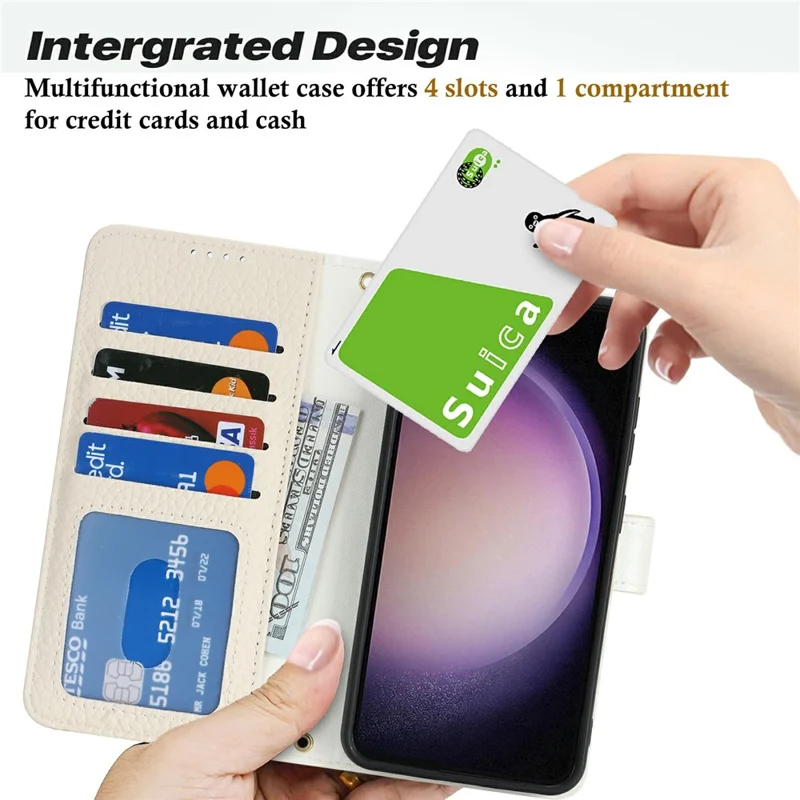 Capa de Suporte para Samsung Galaxy S23 - Textura de Litchi, Couro Genuíno de Vaca, Capa de Carteira com Bloqueio RFID - Branco