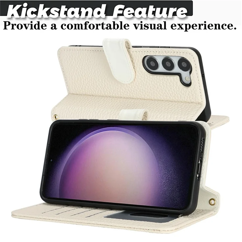 Capa de Suporte para Samsung Galaxy S23 - Textura de Litchi, Couro Genuíno de Vaca, Capa de Carteira com Bloqueio RFID - Branco