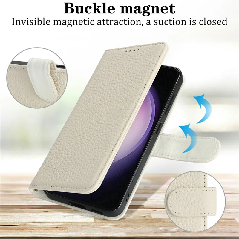 Capa de Suporte para Samsung Galaxy S23 - Textura de Litchi, Couro Genuíno de Vaca, Capa de Carteira com Bloqueio RFID - Branco