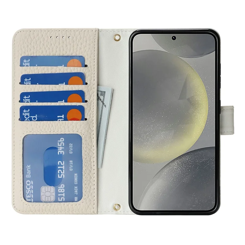Чехол-подставка для Samsung Galaxy S24, текстура личи, натуральная кожа коровы, чехол-бумажник для телефона с блокировкой RFID - белый