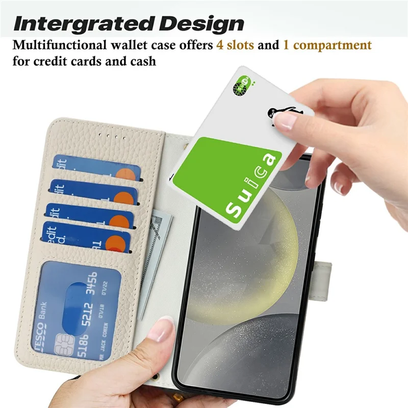 Чехол-подставка для Samsung Galaxy S24, текстура личи, натуральная кожа коровы, чехол-бумажник для телефона с блокировкой RFID - белый