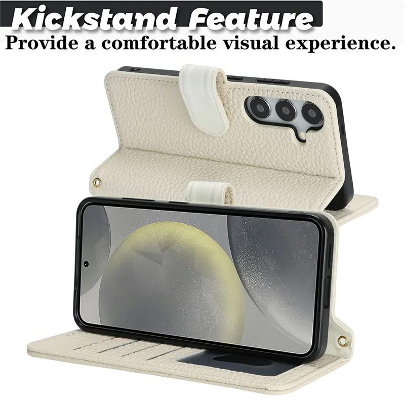 Чехол-подставка для Samsung Galaxy S24, текстура личи, натуральная кожа коровы, чехол-бумажник для телефона с блокировкой RFID - белый