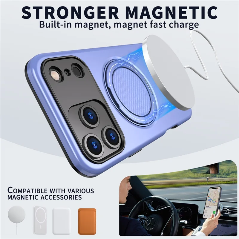 Funda de teléfono iPhone 17 Pro Max con soporte giratorio magnético, cubierta de TPU + PC - Púrpura