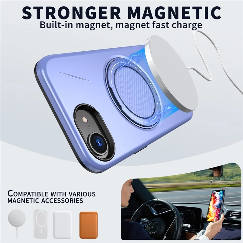 Funda magnética para iPhone 16e con soporte giratorio, cubierta de teléfono de TPU + PC - Púrpura