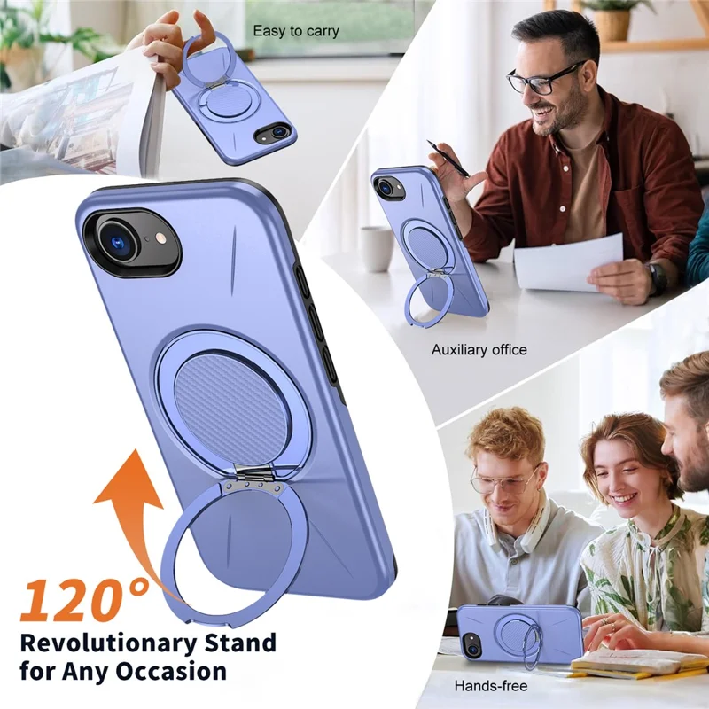 Funda magnética para iPhone 16e con soporte giratorio, cubierta de teléfono de TPU + PC - Púrpura