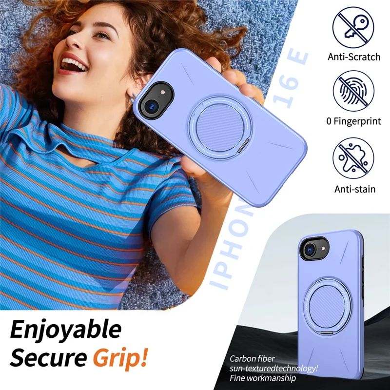 Funda magnética para iPhone 16e con soporte giratorio, cubierta de teléfono de TPU + PC - Púrpura