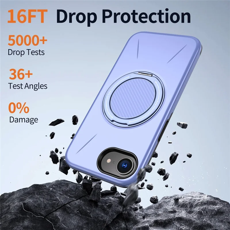 Funda magnética para iPhone 16e con soporte giratorio, cubierta de teléfono de TPU + PC - Púrpura