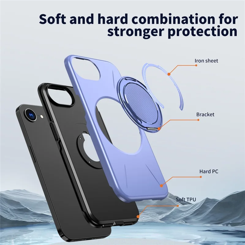 Funda magnética para iPhone 16e con soporte giratorio, cubierta de teléfono de TPU + PC - Púrpura