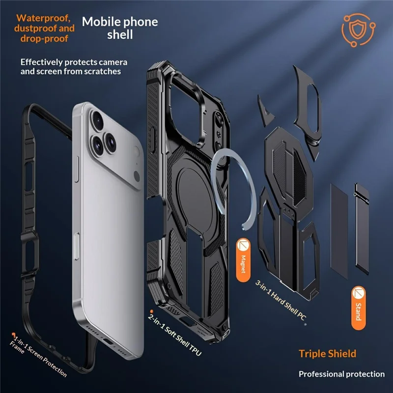 Großeinkauf für iPhone 17 Pro Kickstand-Hülle kompatibel mit MagSafe stoßfeste und staubdichte PC + TPU-Handyhülle - Schwarz
