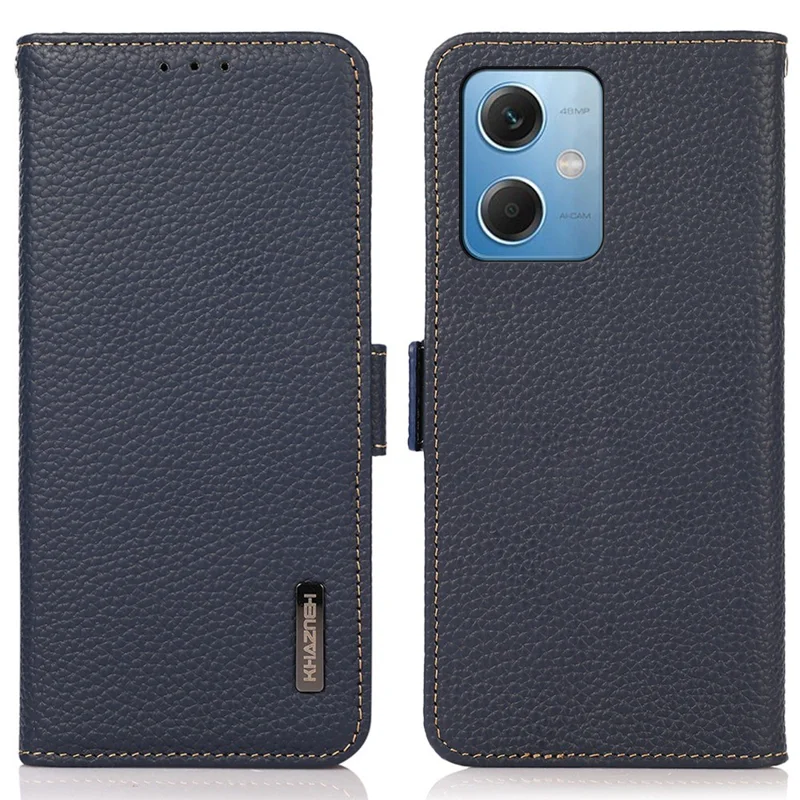 KHAZNEH for Xiaomi Redmi Note 12 5G (Global) / (India) / (China) / Poco X5 5G Litchi Texture Genuine Leather Magnetic Flip Case RFID Blocking Stand Shockproof Phone Cover - Blue