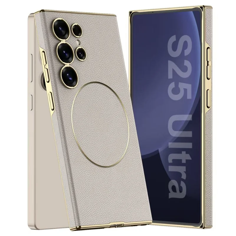 GKK For Samsung Galaxy S25 Ultra Magnetic Case Magnetic Nickel Ring Leather TPU Electroplating Phone Cover - Titanium Grey