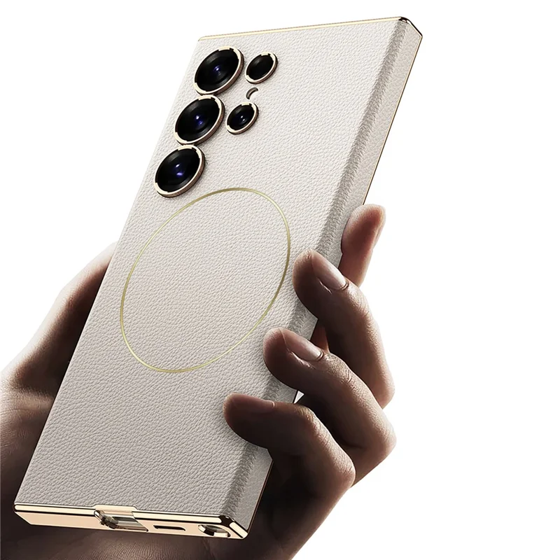 GKK For Samsung Galaxy S25 Ultra Magnetic Case Magnetic Nickel Ring Leather TPU Electroplating Phone Cover - Titanium Grey