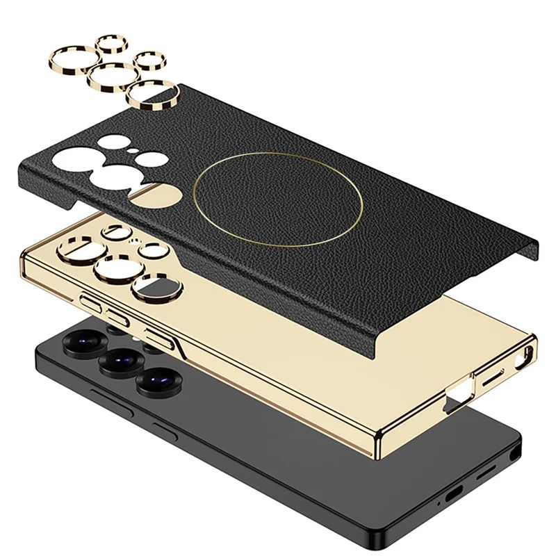 GKK For Samsung Galaxy S25 Ultra Magnetic Case Magnetic Nickel Ring Leather TPU Electroplating Phone Cover - Titanium Grey