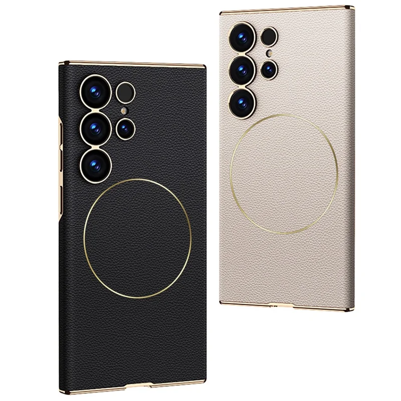 GKK For Samsung Galaxy S25 Ultra Magnetic Case Magnetic Nickel Ring Leather TPU Electroplating Phone Cover - Titanium Grey