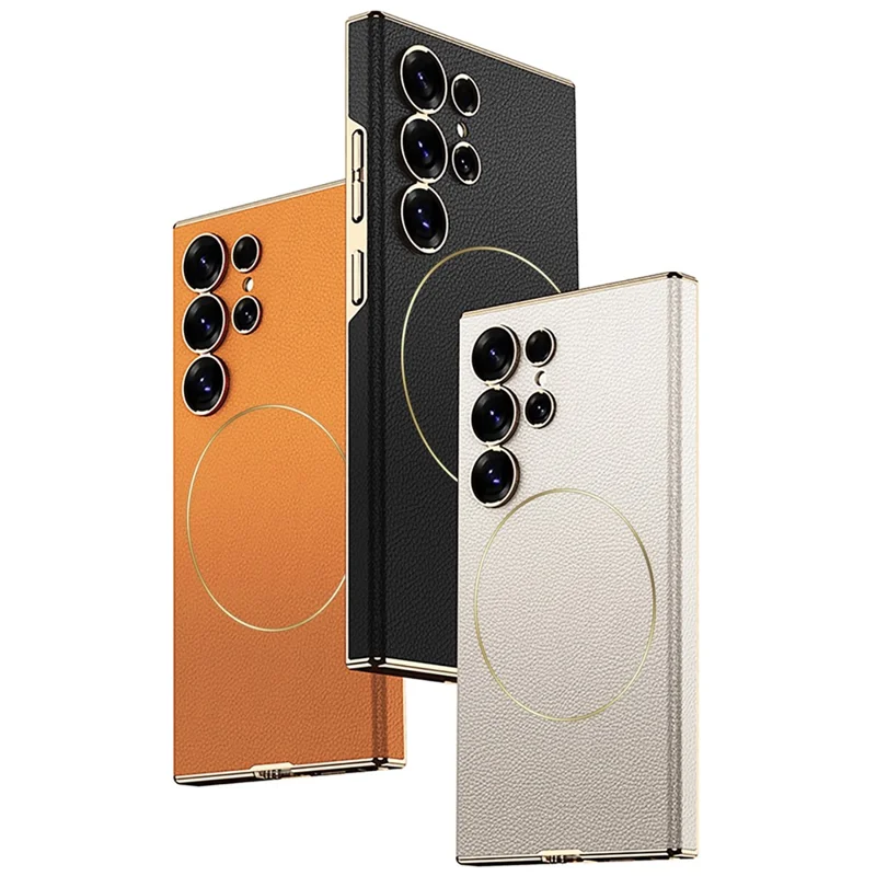 GKK For Samsung Galaxy S25 Ultra Magnetic Case Magnetic Nickel Ring Leather TPU Electroplating Phone Cover - Titanium Grey