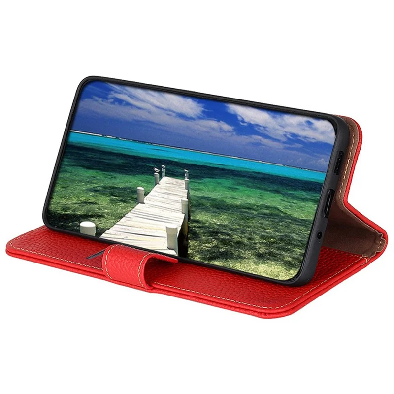 Khazneh Per Xiaomi Redmi Note 12 5G (cina) / Nota 12 5G / Poco X5 5G Litchi Texture Genuina in Pelle Magnetica Flip Case Coperchio Del Telefono Shock Aoff - Rosso