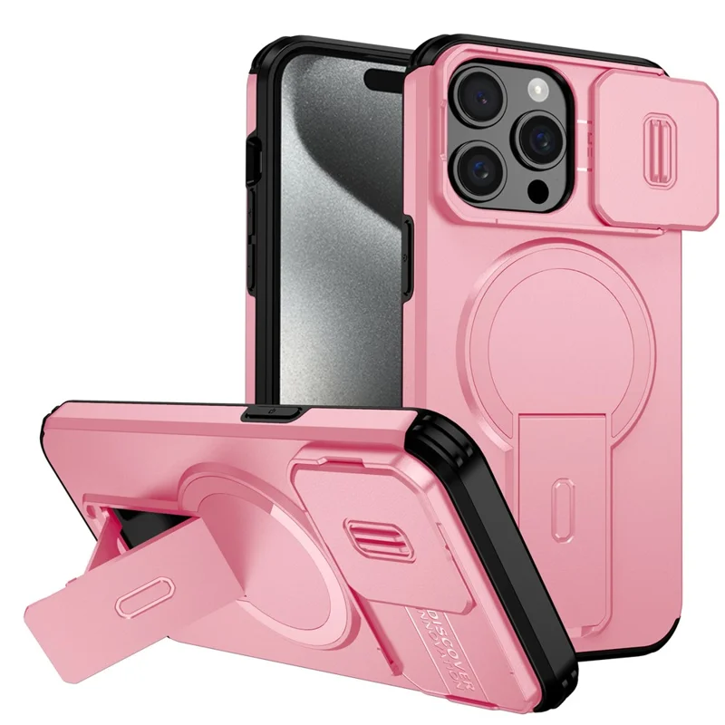 For iPhone 15 Pro Case Kickstand Camera Slider PC + TPU Phone Cover Compatible with MagSafe - Pink