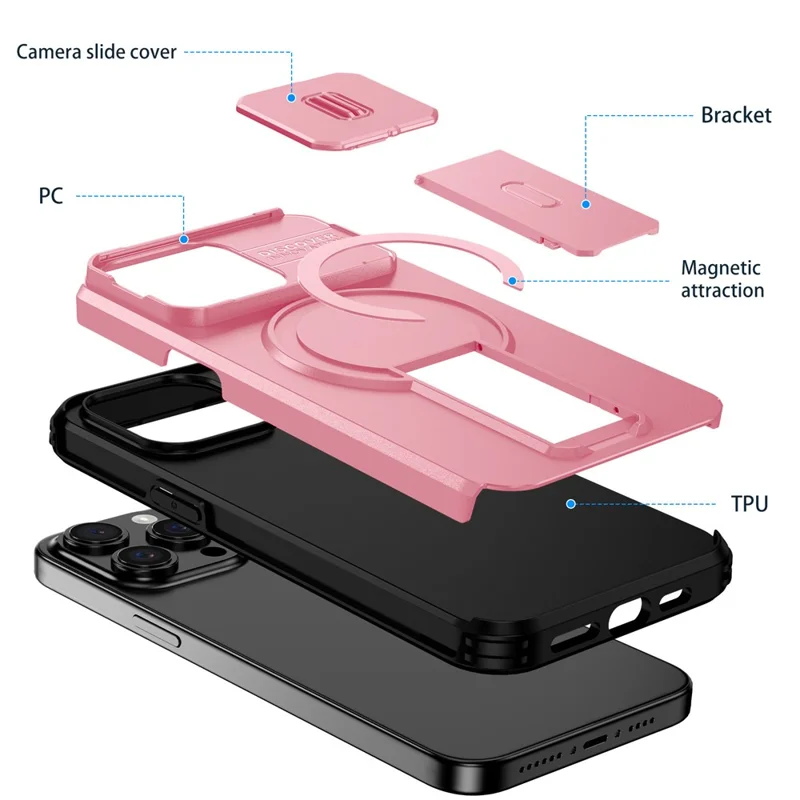 For iPhone 15 Pro Case Kickstand Camera Slider PC + TPU Phone Cover Compatible with MagSafe - Pink