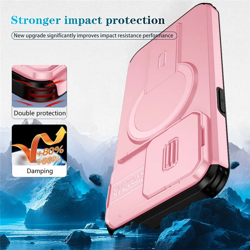 For iPhone 15 Pro Case Kickstand Camera Slider PC + TPU Phone Cover Compatible with MagSafe - Pink