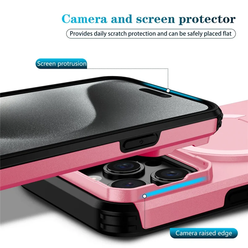 For iPhone 15 Pro Case Kickstand Camera Slider PC + TPU Phone Cover Compatible with MagSafe - Pink