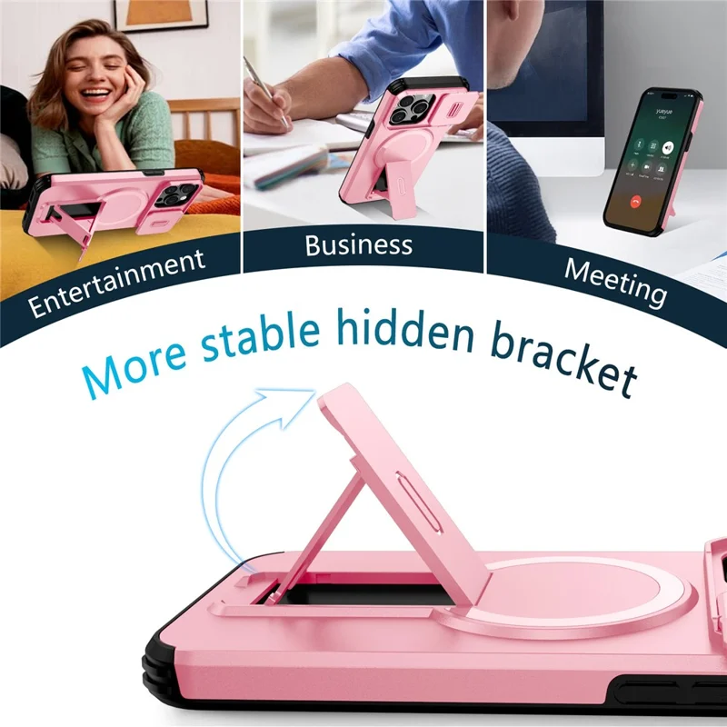 For iPhone 15 Pro Case Kickstand Camera Slider PC + TPU Phone Cover Compatible with MagSafe - Pink