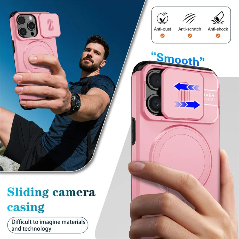 For iPhone 15 Pro Case Kickstand Camera Slider PC + TPU Phone Cover Compatible with MagSafe - Pink